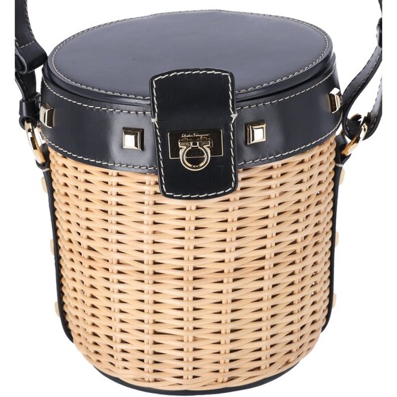 Salvatore Ferragamo Gancini Drawstring Bucket Bag Wicker Studded Leather + Pouch - Picture 3 of 12
